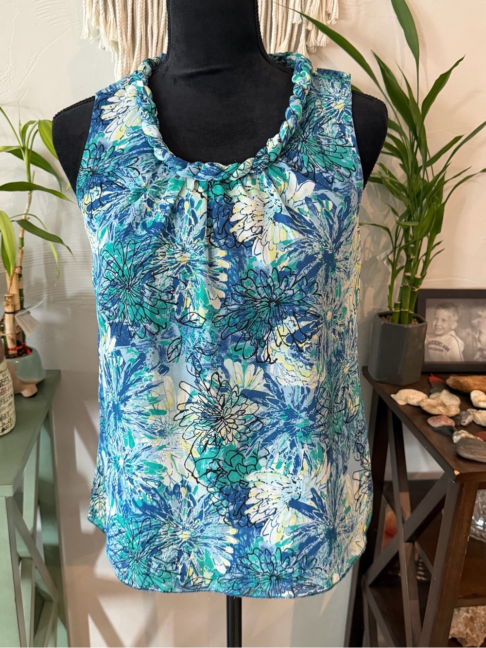 Relativity Braided-Neck Floral Tank Top - Blue/Teal/White